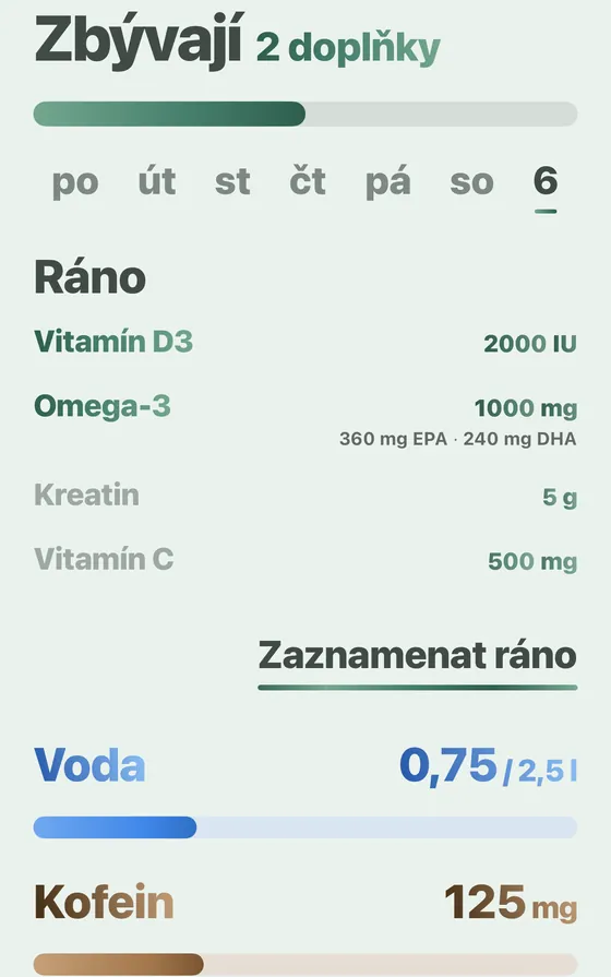 Obrazovka Domů v Dávce: doplňky, voda a kofein