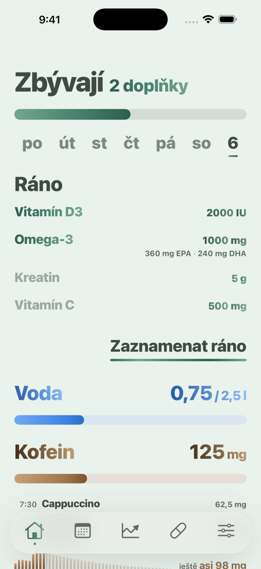 Domovská obrazovka aplikace Dávka - ranní doplňky, voda a kofein