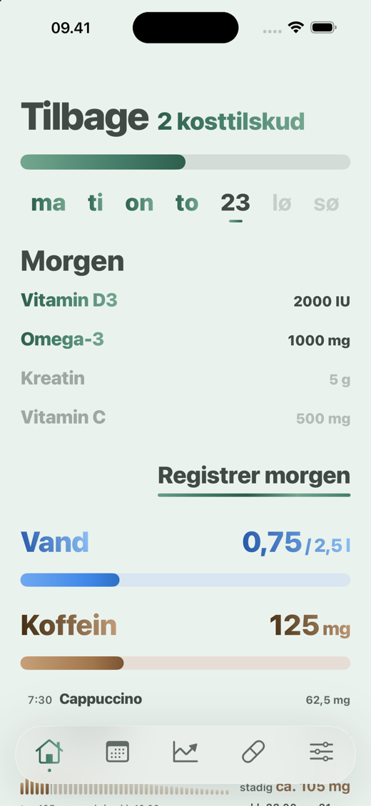 Fanen Hjem i Davka - morgenens kosttilskud, vand og koffein