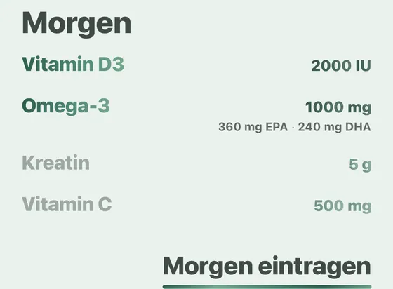 Start-Bildschirm von Davka: Supplements am Morgen und die Schaltfläche Morgen eintragen