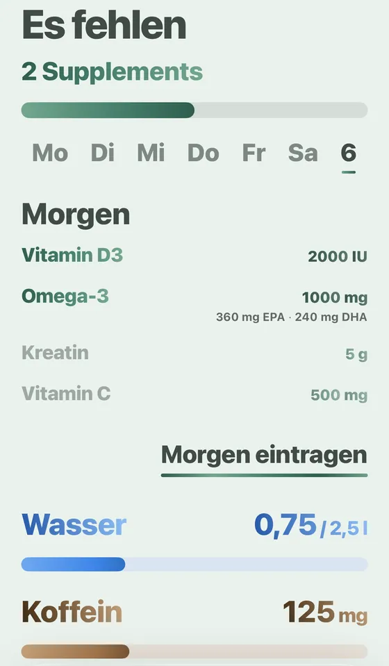 Start-Bildschirm von Davka: Supplements, Wasser und Koffein