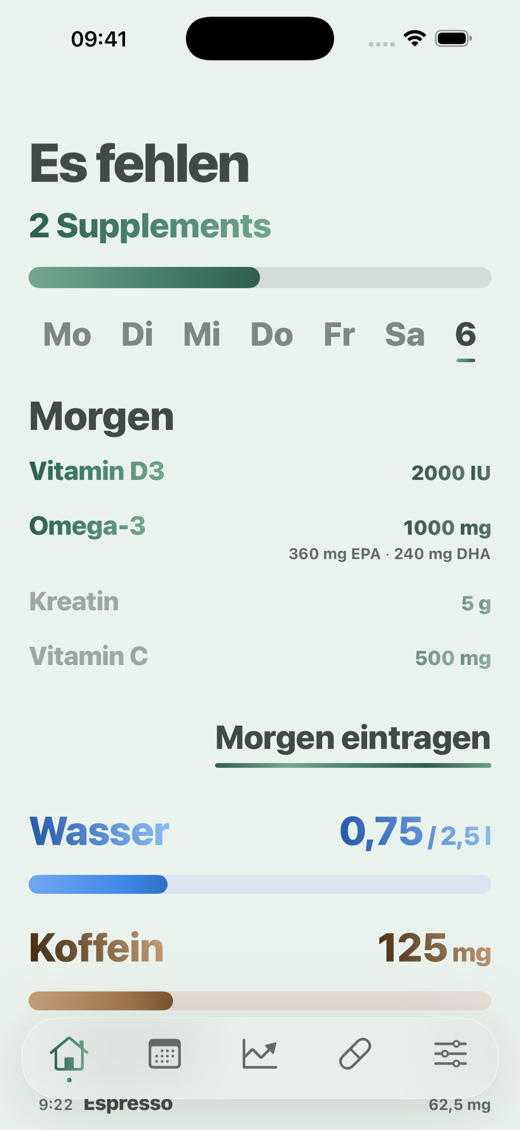 Davka-Startbildschirm - Nahrungsergänzungen am Morgen, Wasser und Koffein