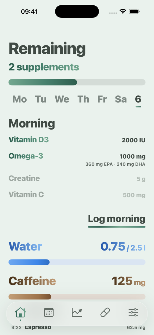 Davka home screen - morning supplements, water and caffeine