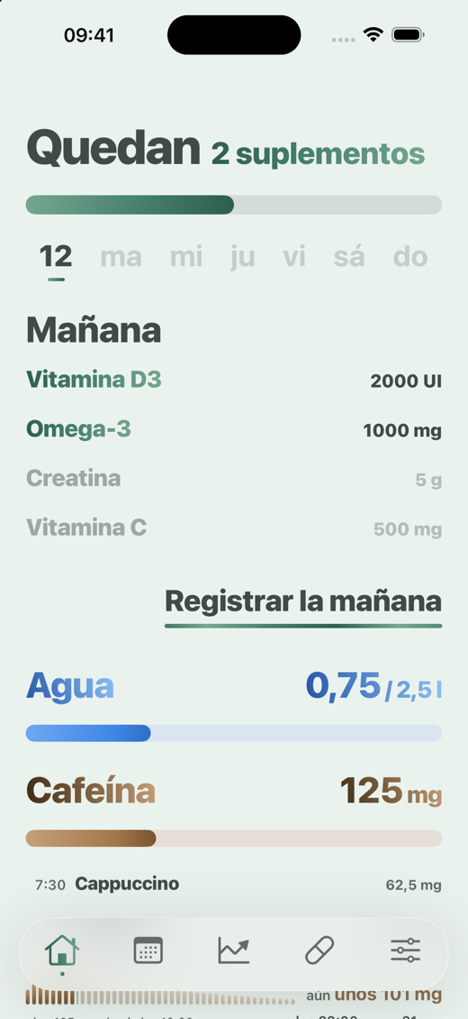 Pantalla de inicio de Davka - suplementos, agua y cafeína de la mañana