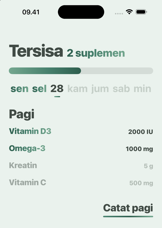 Layar Beranda di Davka: suplemen pagi dan tombol untuk mencatat pagi