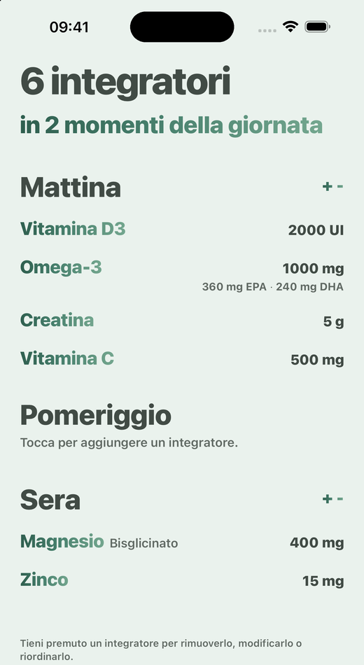 Schermata Integratori di Davka: integratori divisi in mattina, pomeriggio e sera