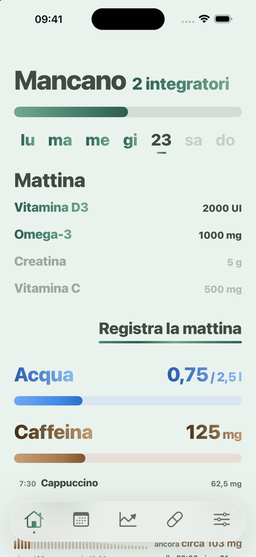 Scheda Home di Davka - integratori del mattino, acqua e caffeina