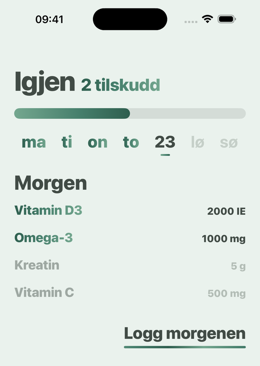Skjermen Hjem i Davka: morgenens tilskudd og knappen for å logge morgenen