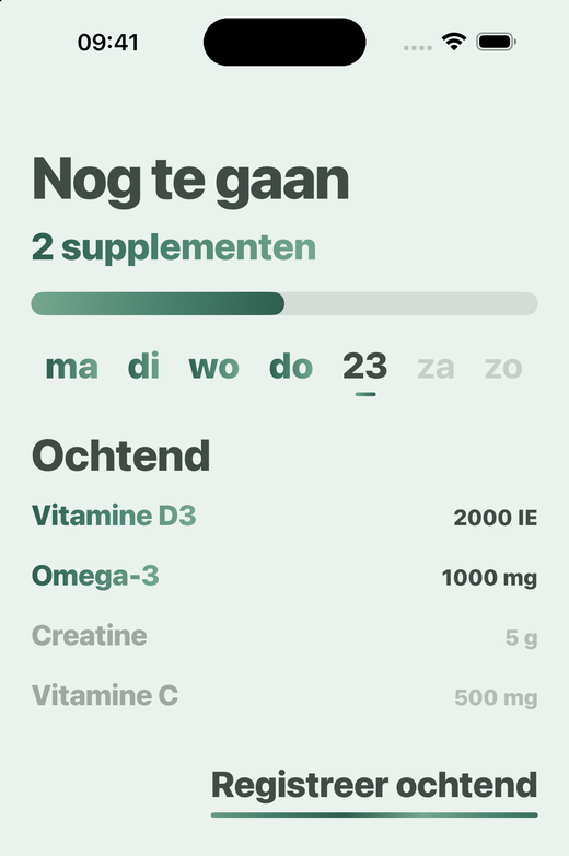 Scherm Home in Davka: ochtendsupplementen en de knop om de ochtend te registreren