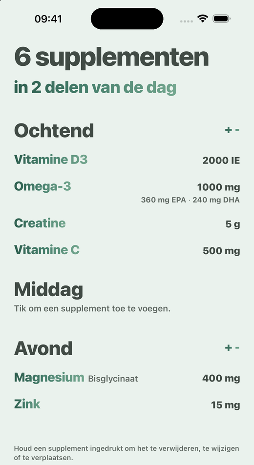 Scherm Supplementen in Davka: supplementen verdeeld over ochtend, middag en avond