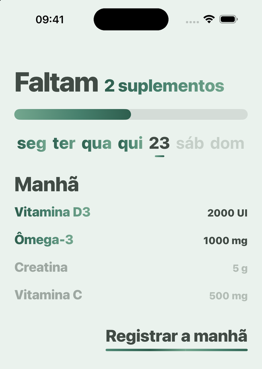 Tela Início do Davka: suplementos da manhã e botão para registrar a manhã