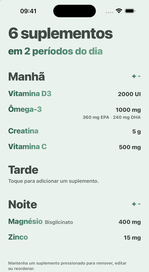 Tela Suplementos do Davka: suplementos divididos em manhã, tarde e noite