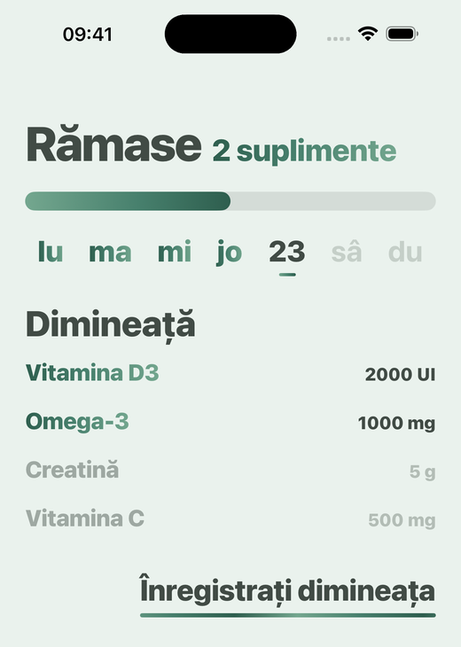 Ecranul Acasă din Davka: suplimentele de dimineață și butonul pentru înregistrarea dimineții