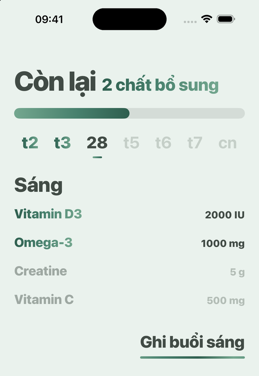 Màn hình Trang chủ của Davka: chất bổ sung buổi sáng và nút ghi buổi sáng