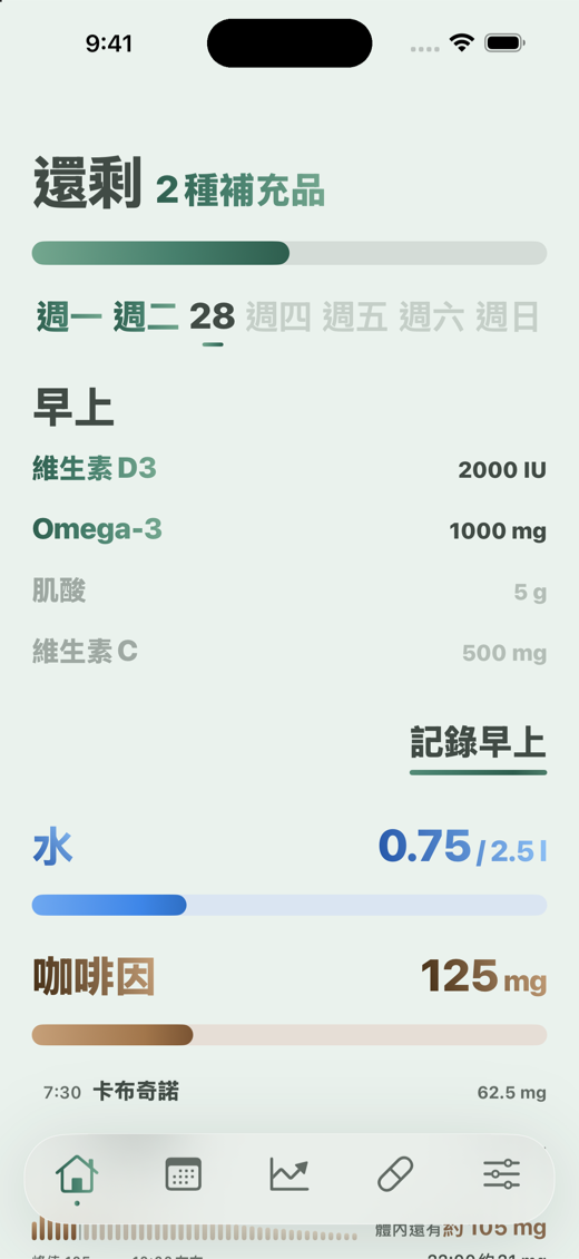 Davka首頁畫面:早上的補充品、水和咖啡因